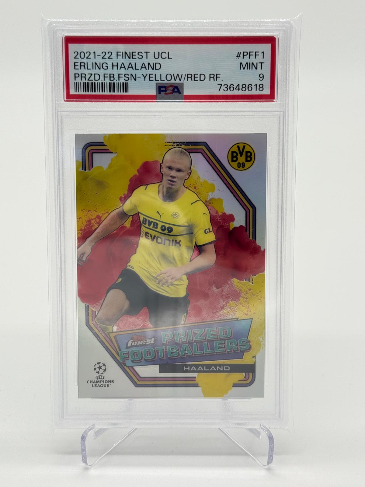 2021-22 Finest UCL Erling Haaland Prized Footballers Yellow-Red Fusion Refractor PSA 9