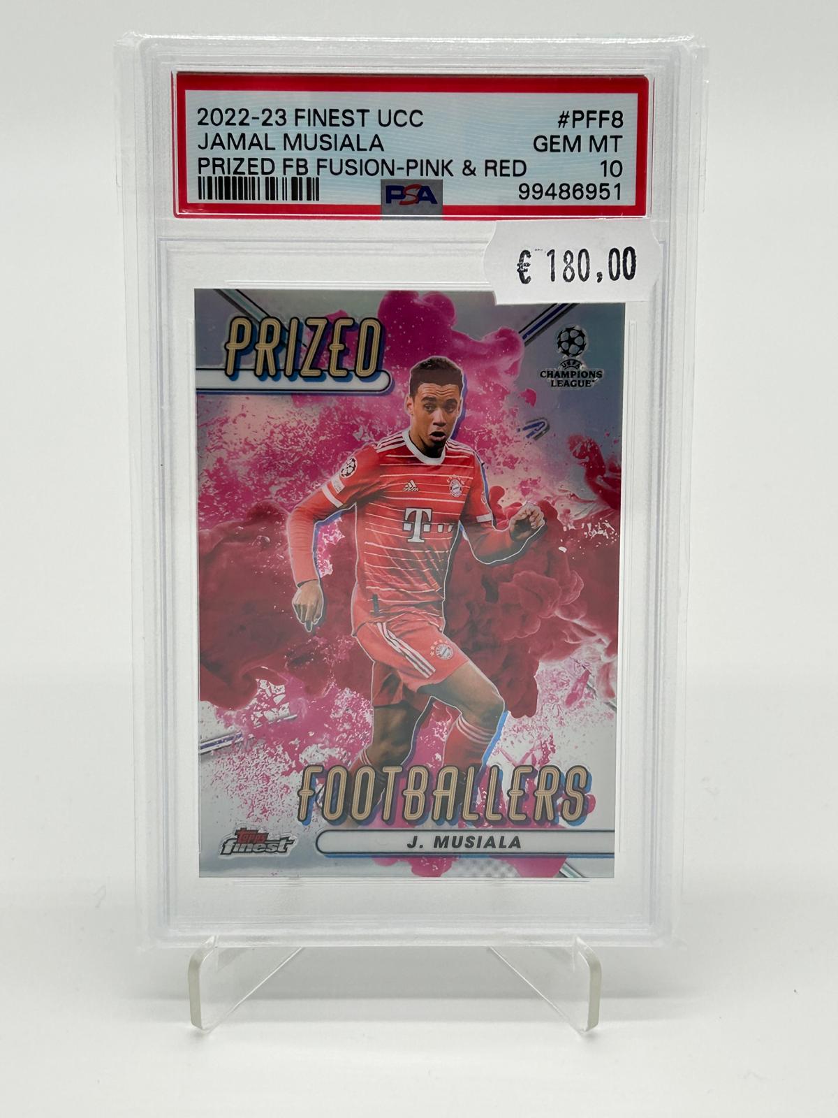 2022-23 Topps Finest UCC Jamal Musiala Prized FB Fusion Pink & Red PSA 10
