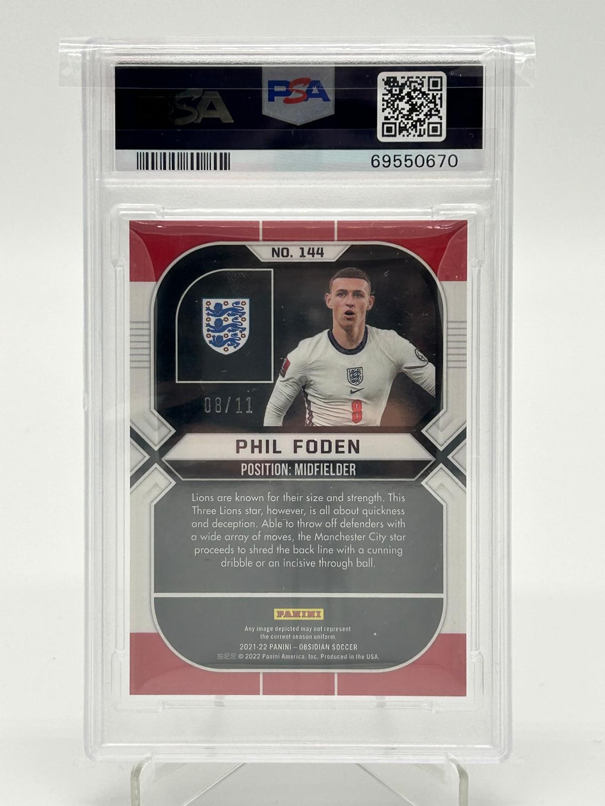 2021-22 Panini Obsidian - Phil Foden Electric Etch White Pulsar /11 PSA 9