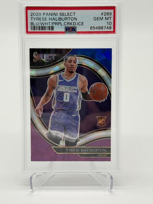 2020 Panini Select Tyrese Haliburton RC Blue/White/Purple Cracked Ice PSA 10