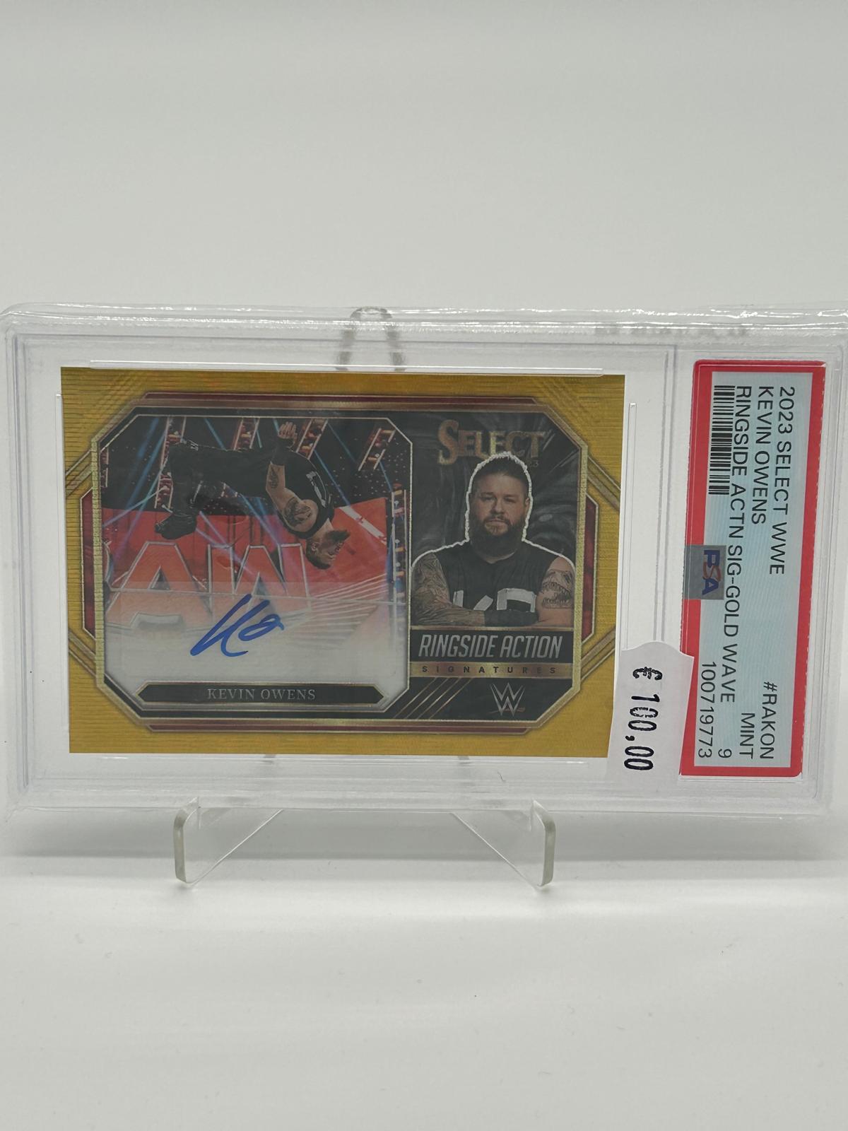 2023 Panini Select WWE Kevin Owens Ringside Action Signatures Gold Wave /5 PSA 9