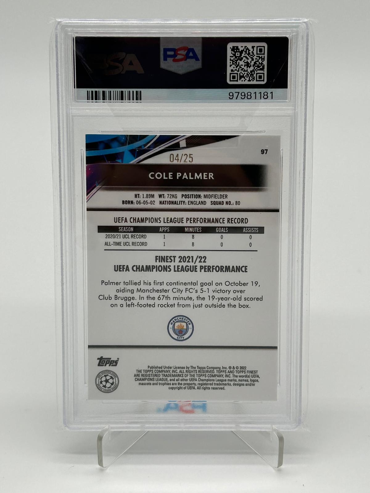 2021-22 Topps Finest UCL Cole Palmer RC Orange Refractor /25 PSA 9