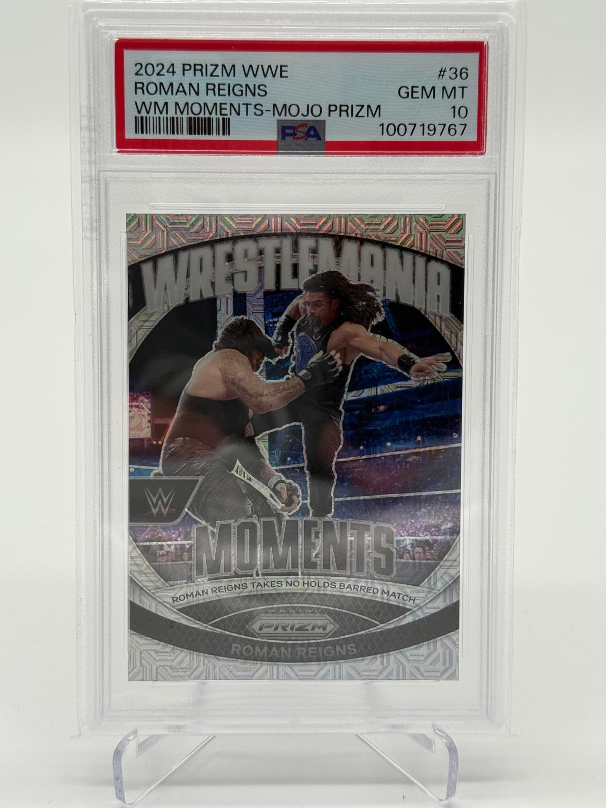 2024 Panini Prizm WWE Roman Reigns Wrestlemania Moments Mojo Prizm 16/25 PSA 10