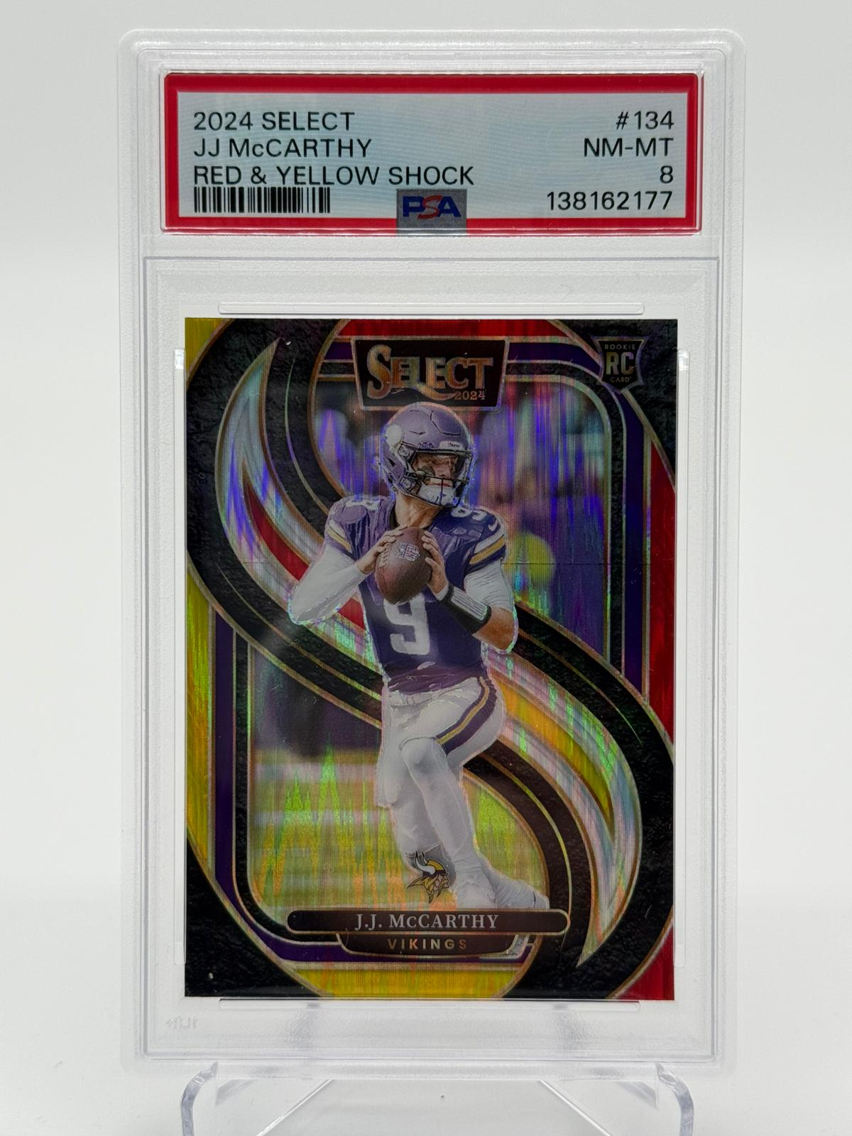 2024 Panini Select Football JJ McCarthy Red & Yellow Shock RC PSA 8 POP 1
