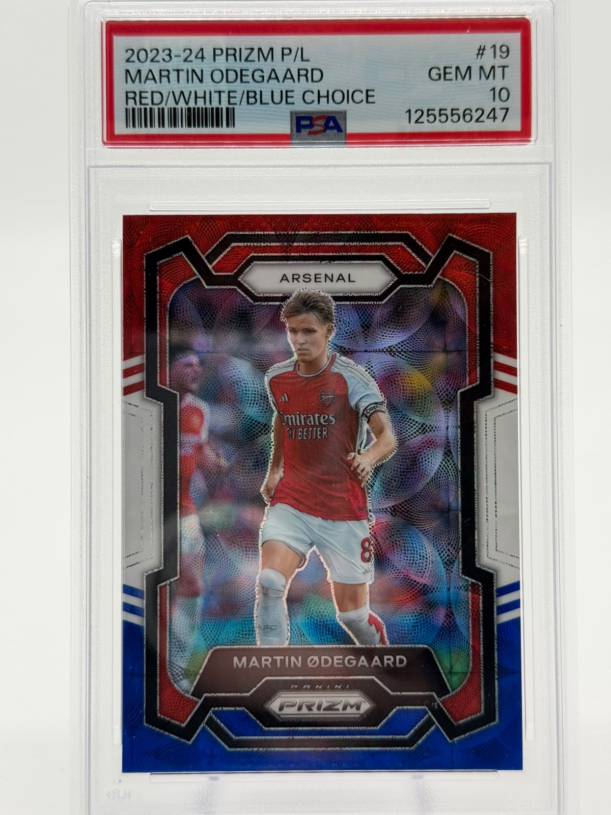 2023/24 Panini Prizm Red/White/Blue Marton Odegaard PSA10