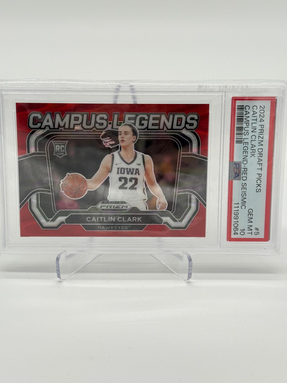 2024 Panini Prizm Draft Picks Caitlin Clark Campus Legend Red Seismic /225 PSA 10