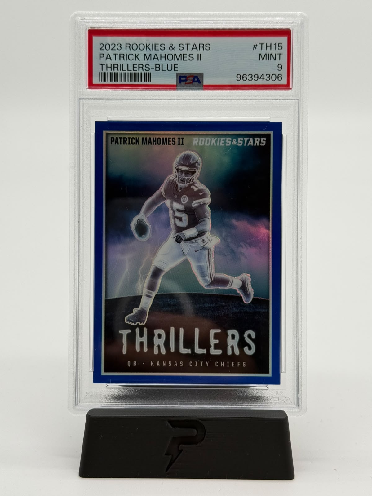 2023 Panini Prizm Patrick Mahomes II Thrillers Blue 40/50 PSA 9