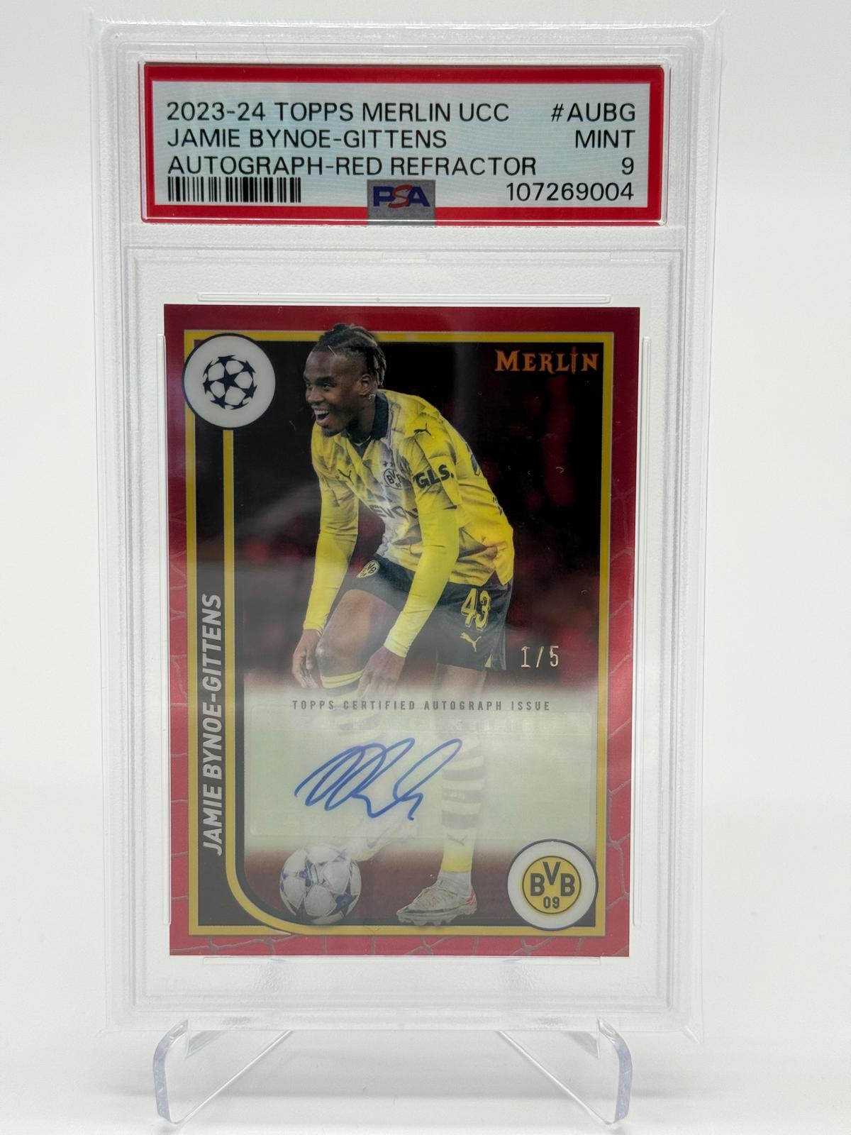 2023-24 Topps Merlin UCC Jamie Bynoe-Gittens Auto Red Refractor 1/5 PSA 9