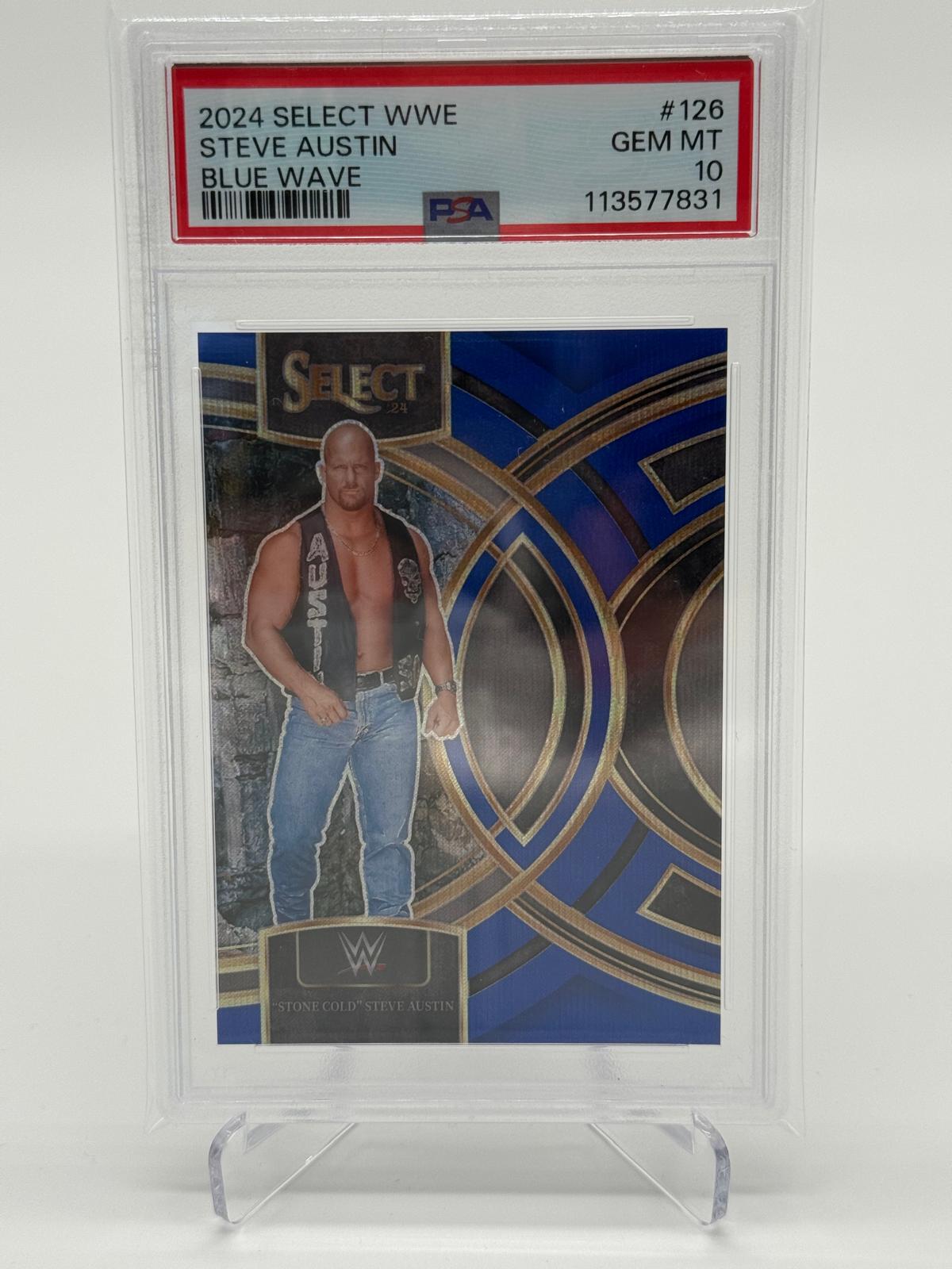 2024 Panini Select WWE Steve Austin Blue Wave 08/49 PSA 10