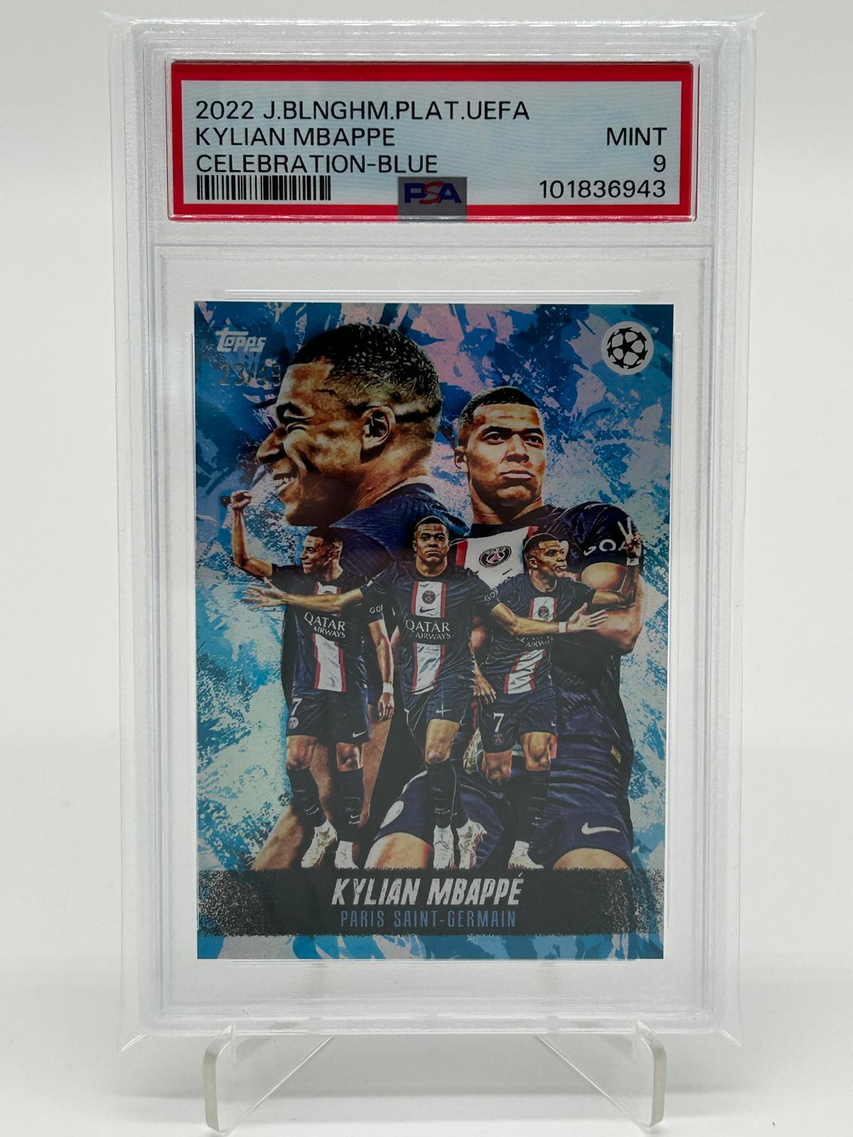 2022 Topps Jude Bellingham Platinum UEFA Kylian Mbappe Celebration Blue /49 PSA 9