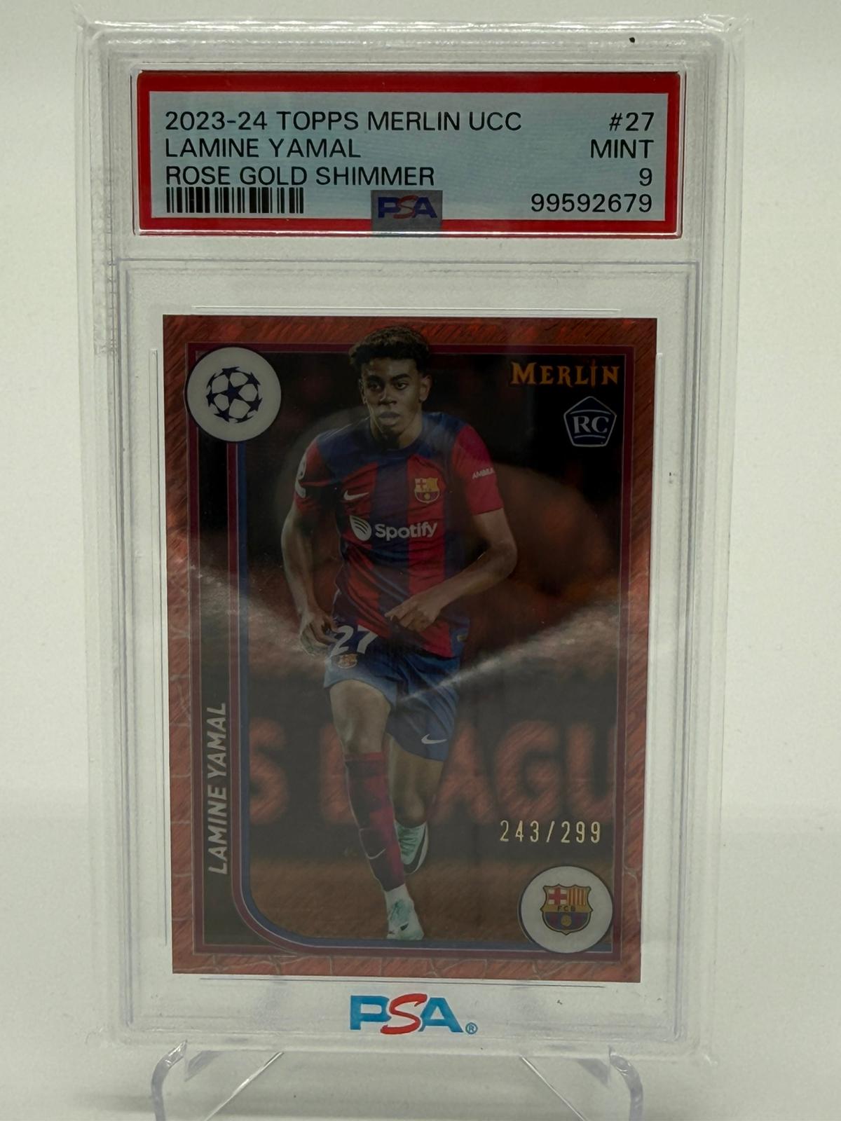 2023-24 Topps Merlin UCC Lamine Yamal Rose Gold Shimmer RC 243/299 PSA 9