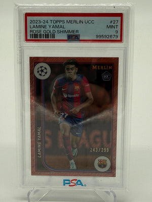 2023-24 Topps Merlin UCC Lamine Yamal Rose Gold Shimmer RC 243/299 PSA 9