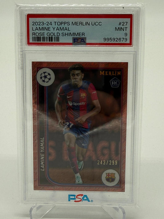 2023-24 Topps Merlin UCC Lamine Yamal Rose Gold Shimmer RC 243/299 PSA 9