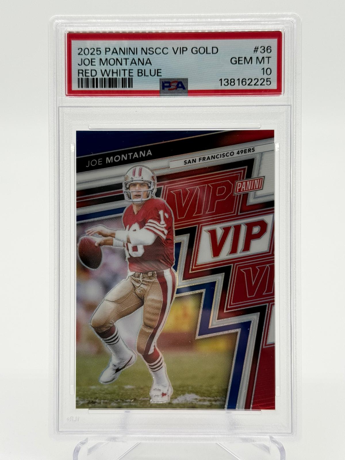 2025 Panini NSCC VIP Gold Joe Montana Red White Blue 18/25 PSA 10