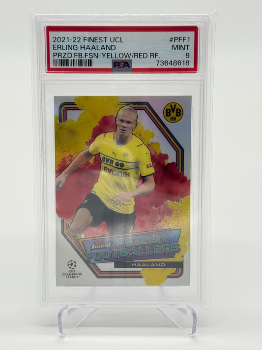 2021-22 Finest UCL Erling Haaland Prized Footballers Yellow-Red Fusion Refractor PSA 9