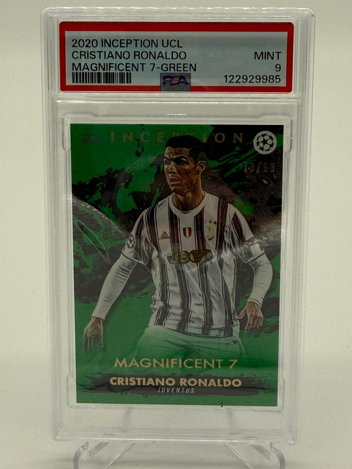 2020-21 Topps Inception UCL Cristiano Ronaldo Magnificent 7 Green 73/99 PSA 9