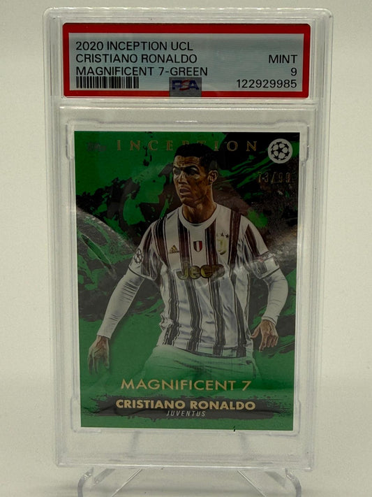 2020-21 Topps Inception UCL Cristiano Ronaldo Magnificent 7 Green 73/99 PSA 9