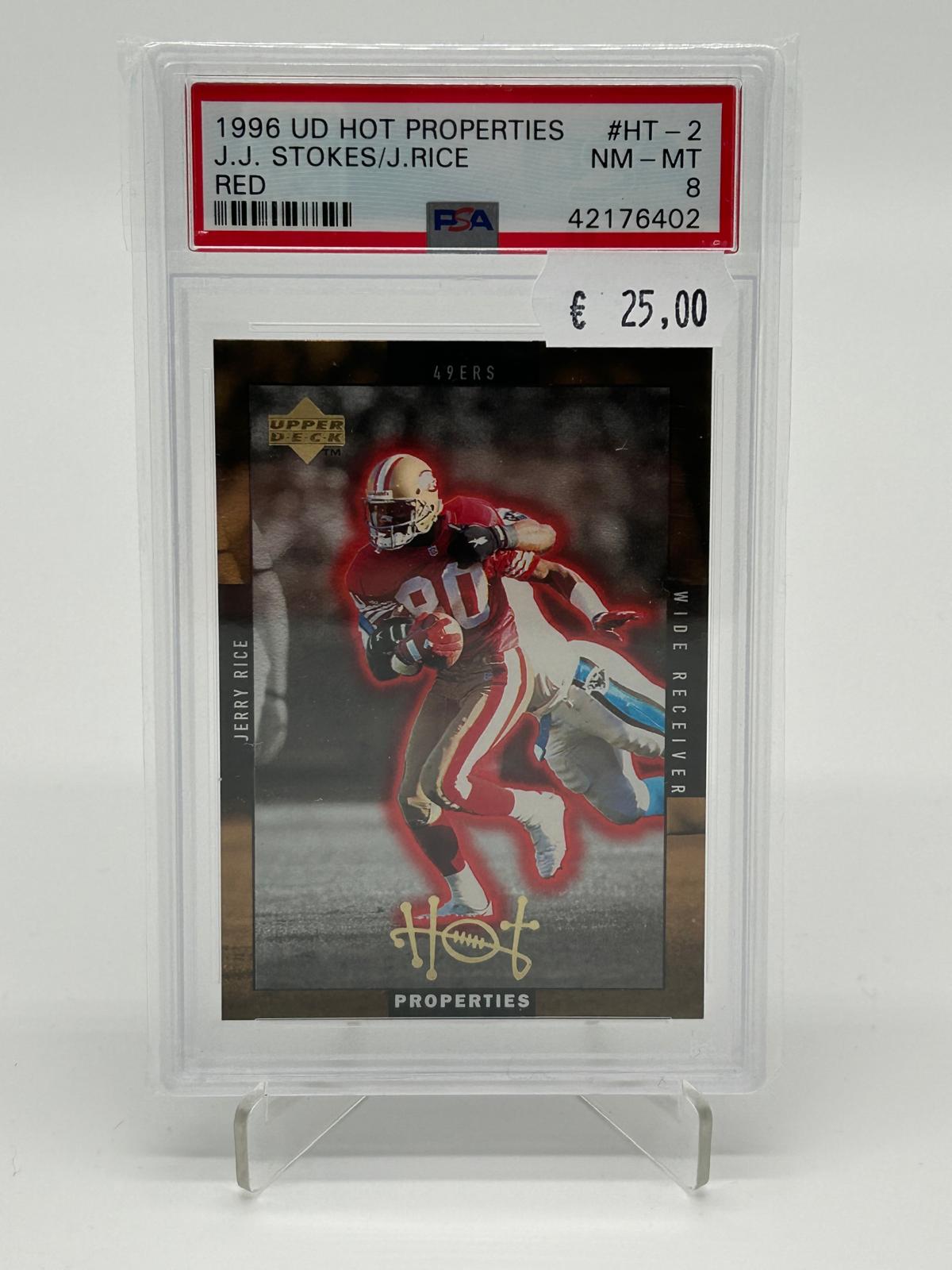 1996 UD Hot Properties J.J. Stokes / J. Rice Red PSA 8