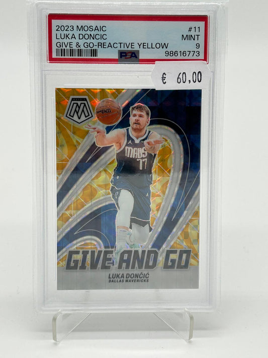 2023 Panini Mosaic Luka Doncic Give & Go Reactive Yellow /99 PSA 9