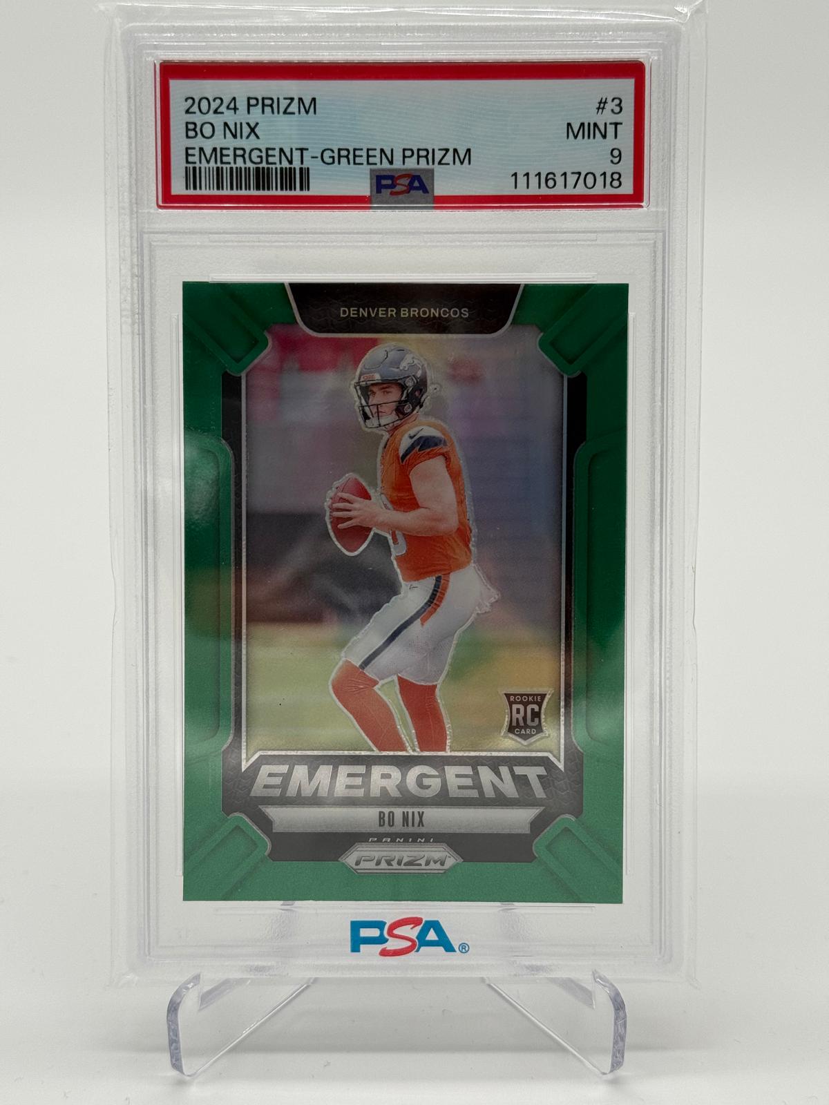 2024 Panini Prizm Bo Nix Emergent RC Green Rookie PSA 9