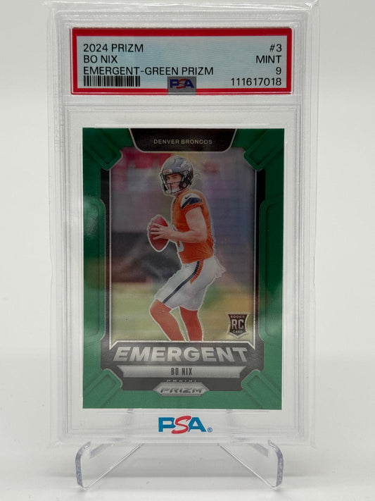 2024 Panini Prizm Bo Nix Emergent RC Green Rookie PSA 9