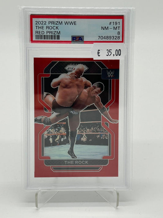 2022 Panini Prizm WWE The Rock Red Prizm /299 PSA 8