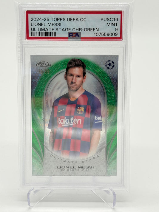 2024-25 Topps UEFA Club Competitions Lionel Messi Ultimate Stage Chrome Green Refractor 19/99 PSA9