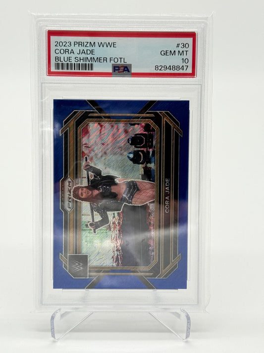 2023 Panini Prizm WWE Cora Jade Blue Shimmer FOTL 04/11 PSA 10