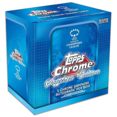 2025/26 Topps Chrome Sapphire UWCL Hobby Box SEALED – original versiegelte Premium Trading Card Box der UEFA Women's Champions League.
