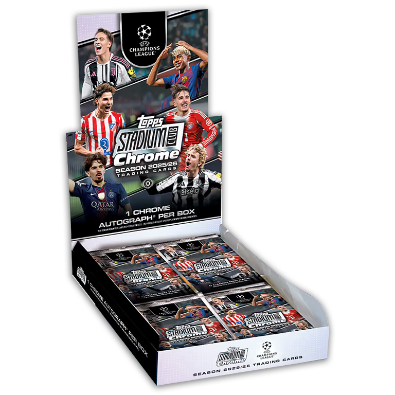 2025/26 Topps Stadium Club Chrome UEFA Champions League Hobby Box – Fußball Trading Cards mit 20 Packs und 1 Autogramm
