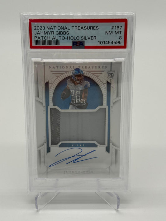 2023 Panini National Treasures Jahmyr Gibbs RC Patch Auto /25 PSA 8