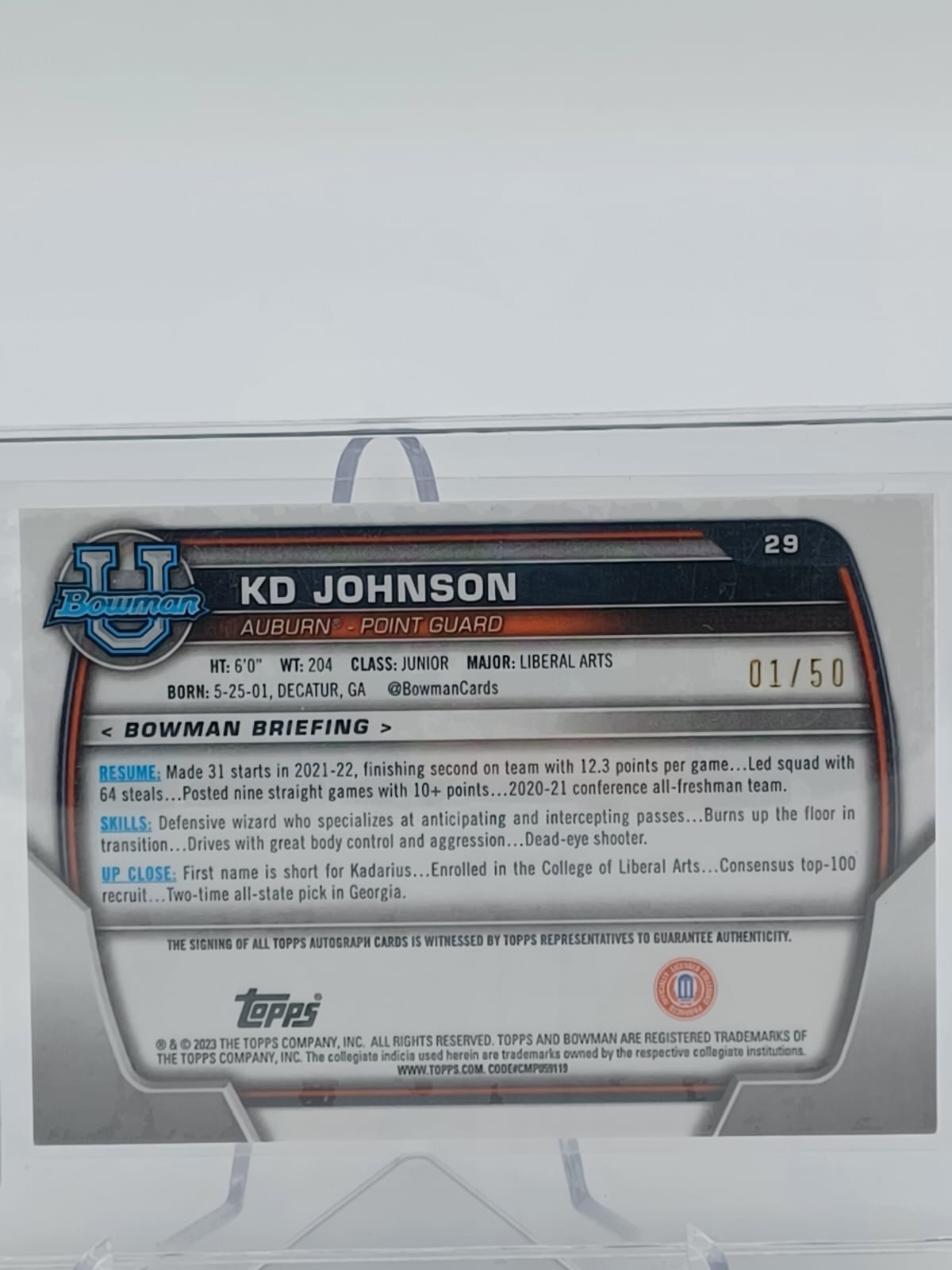 Topps Chrome Bowman University KD Johnson Auto /50