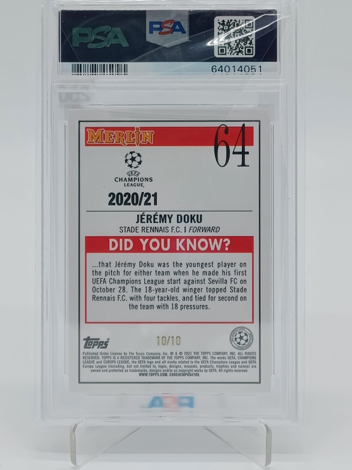 2020 Topps Merlin Chrome UCL Jeremy Doku Red Refractor /10 PSA 10 #64