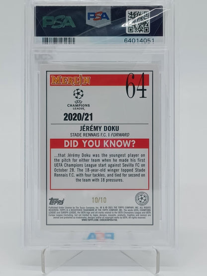2020 Topps Merlin Chrome UCL Jeremy Doku Red Refractor /10 PSA 10 #64