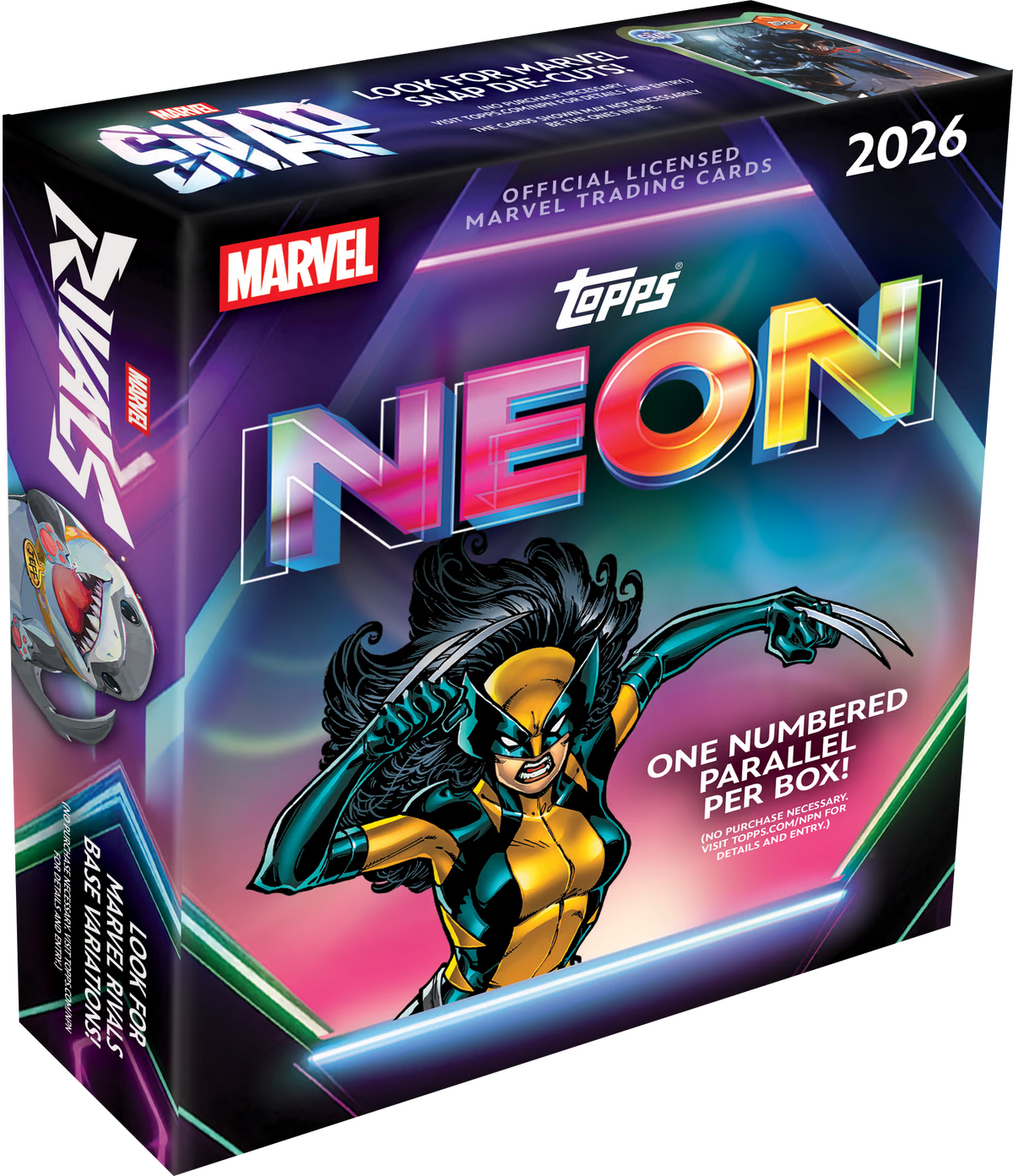 2026 Topps Marvel Neon Mega Box mit 50 Marvel Trading Cards und nummerierter Parallel-Karte