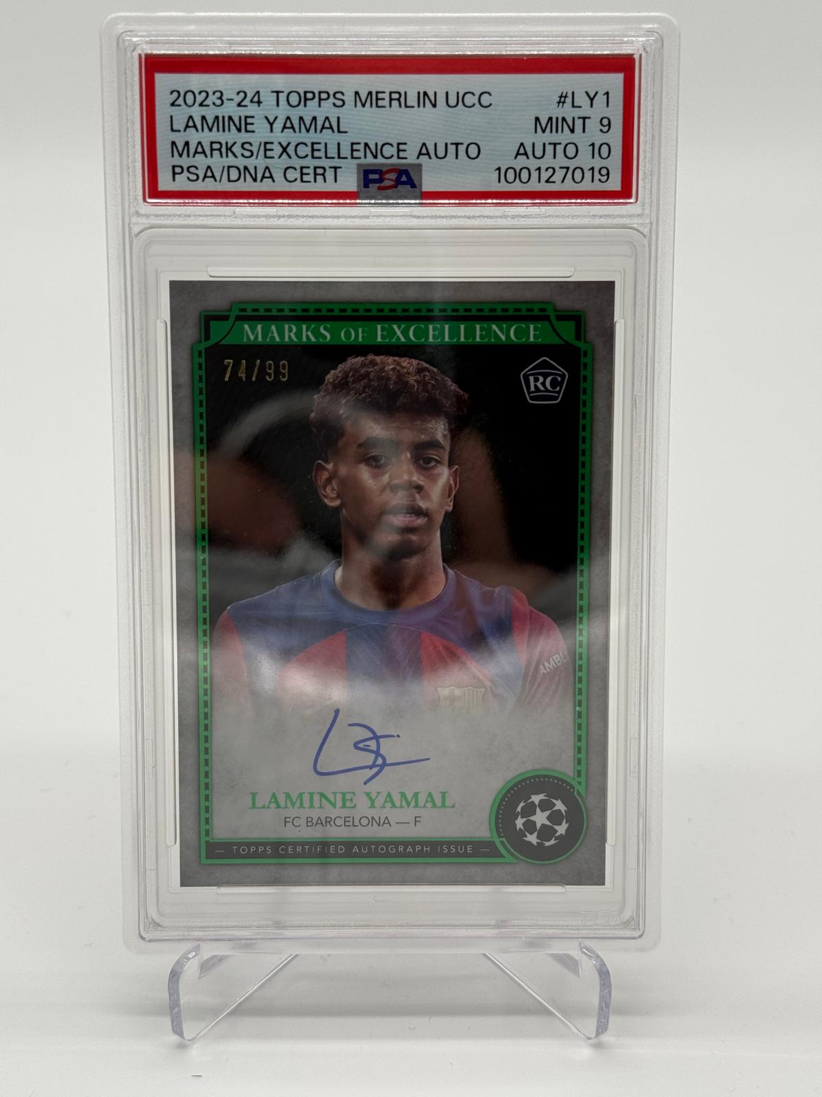 2023-24 Topps Merlin UCC Lamine Yamal Marks of Excellence Auto /99 PSA 9 AUTO 10