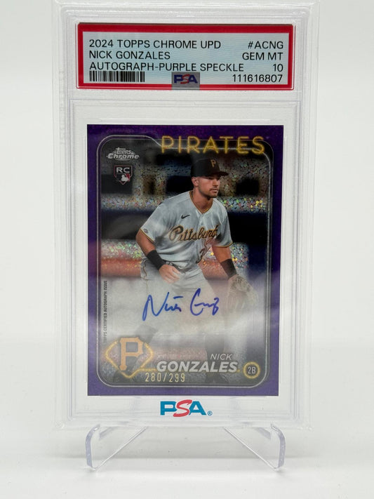 2024 Topps Chrome Update Nick Gonzales Auto Purple Speckle Refractors 280/299 PSA 10