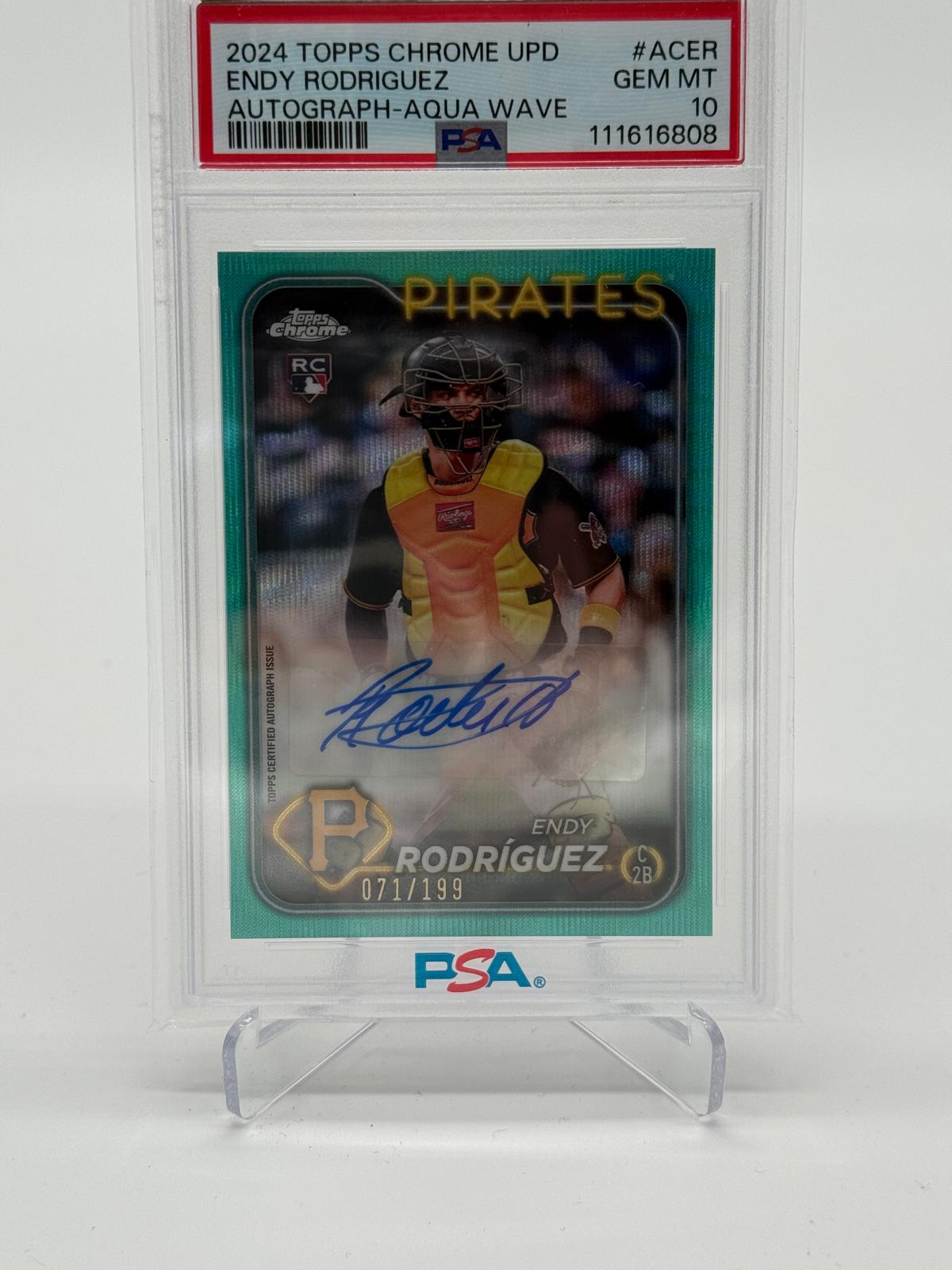 2024 Topps Chrome Aqua Wave Refractor Endy Rodriguez 071/199 Auto RC Rookie PSA 10
