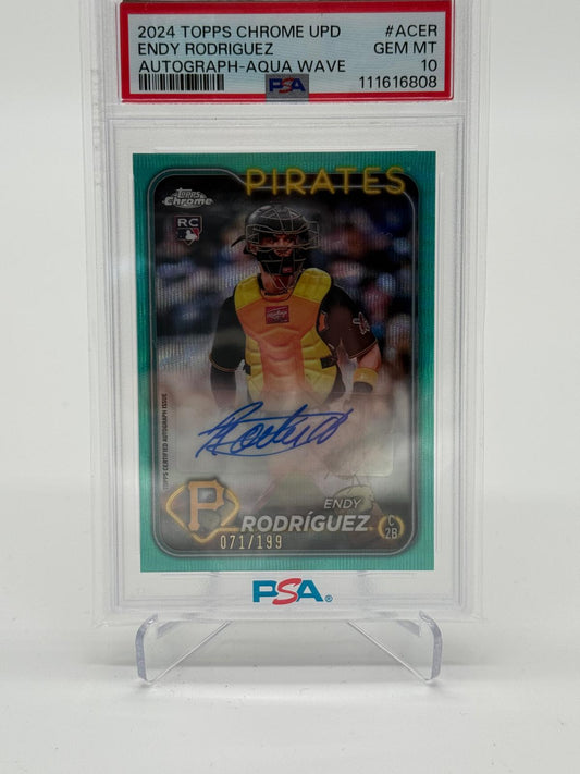 2024 Topps Chrome Aqua Wave Refractor Endy Rodriguez 071/199 Auto RC Rookie PSA 10