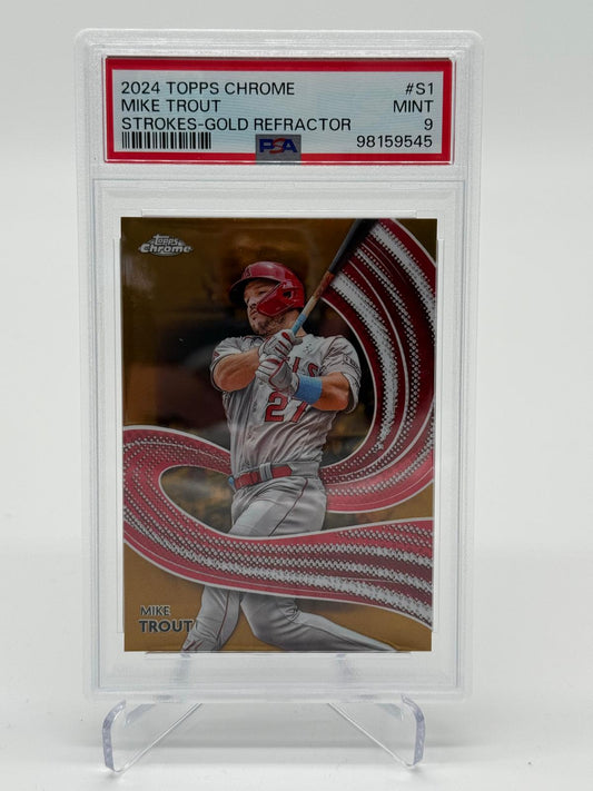 2024 Topps Chrome Mike Trout Strokes Gold Refractor 05/50 PSA 9