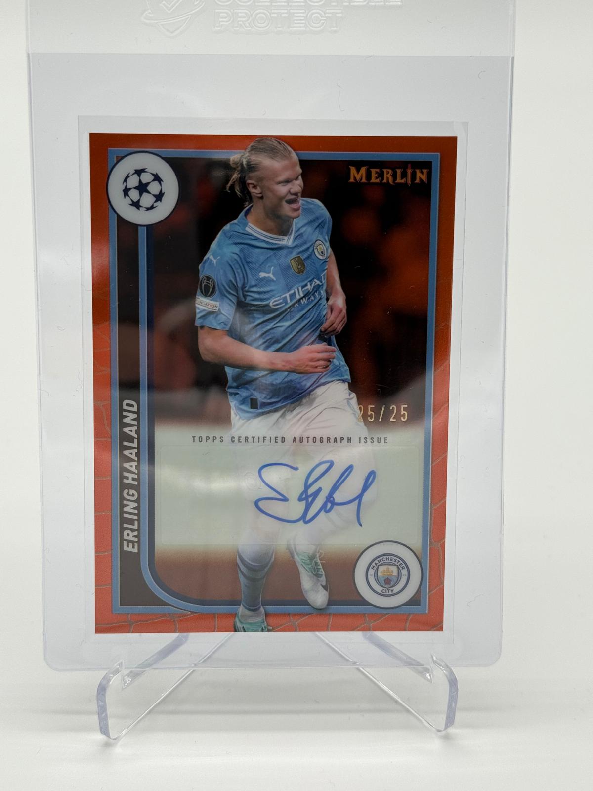 2023-24 Topps Merlin UCC Erling Haaland Auto 25/25 Orange
