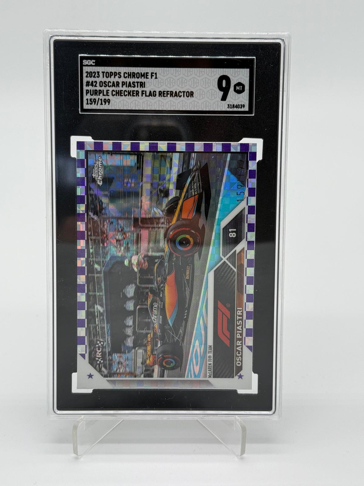 2023 Topps Chrome Formula 1 Oscar Piastri RC Purple Checker Flag Refractor /199 SGC 9