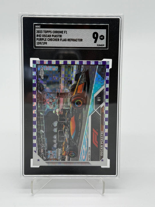 2023 Topps Chrome Formula 1 Oscar Piastri RC Purple Checker Flag Refractor /199 SGC 9