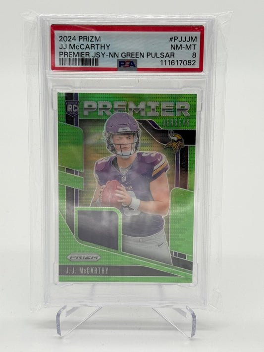 2024 Prizm J.J. McCarthy Premier Jerseys RC Neon Green Pulsar PSA 8