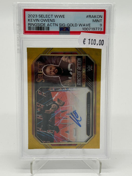 2023 Panini Select WWE Kevin Owens Ringside Action Signatures Gold Wave /5 PSA 9