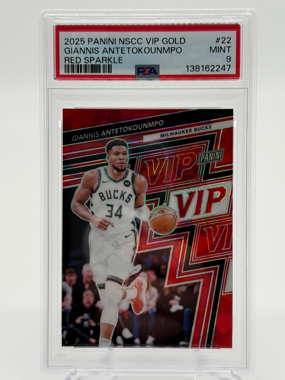 2025 Panini NSCC VIP Gold Giannis Antetokounmpo Red Sparkle 89/99 PSA 9