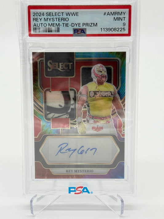 2024 Panini Select WWE Rey Mysterio Tie-Dye Relic Auto 11/25 PSA 9