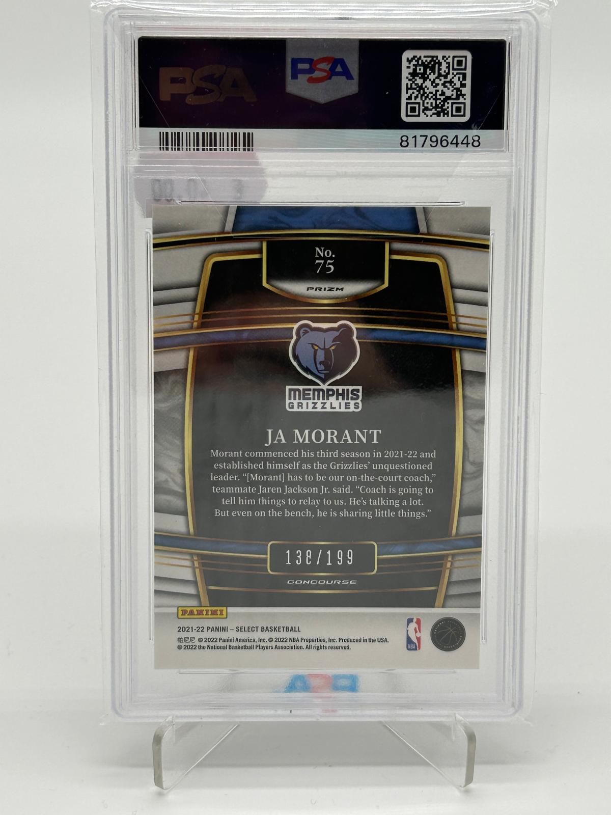 2021-22 Panini Select Basketball Ja Morant /199 Red Prizm PSA 10