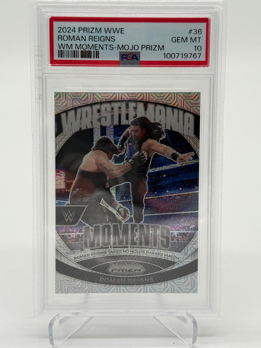 2024 Panini Prizm WWE Roman Reigns Wrestlemania Moments Mojo Prizm 16/25 PSA 10