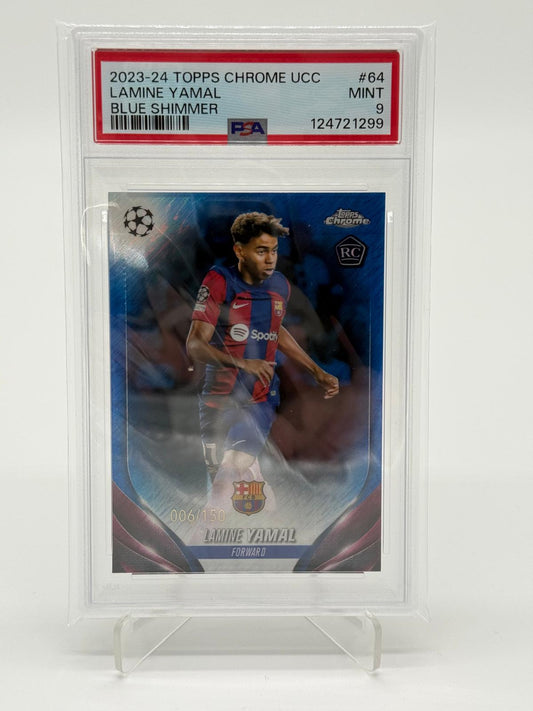 2023-24 Topps Chrome UCC Lamine Yamal RC Blue Shimmer /150 PSA 9